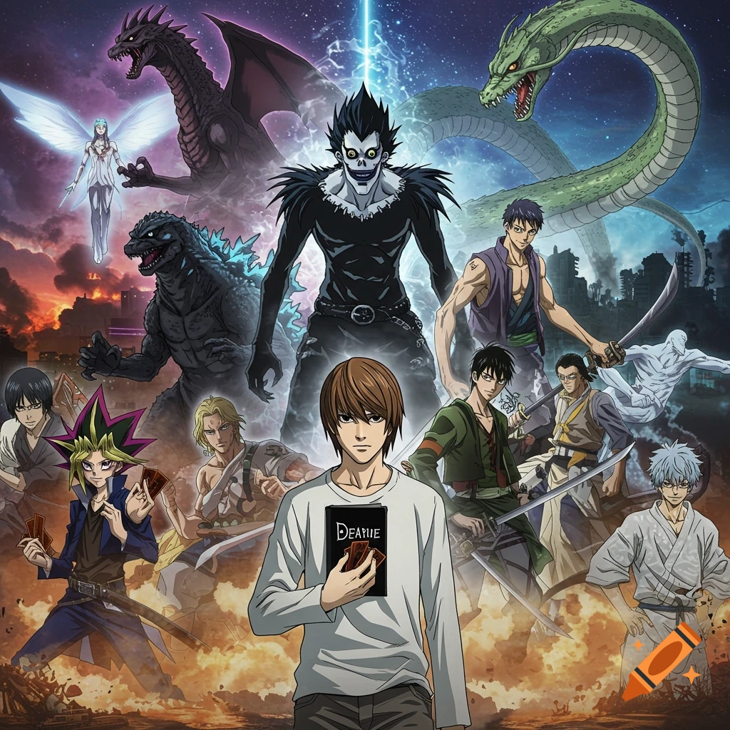 A large-scale anime crossover illustration featuring Light Yagami holding a book, Ryuk, Godzilla, Yugi Muto, and other characters and monsters in an epic scene.