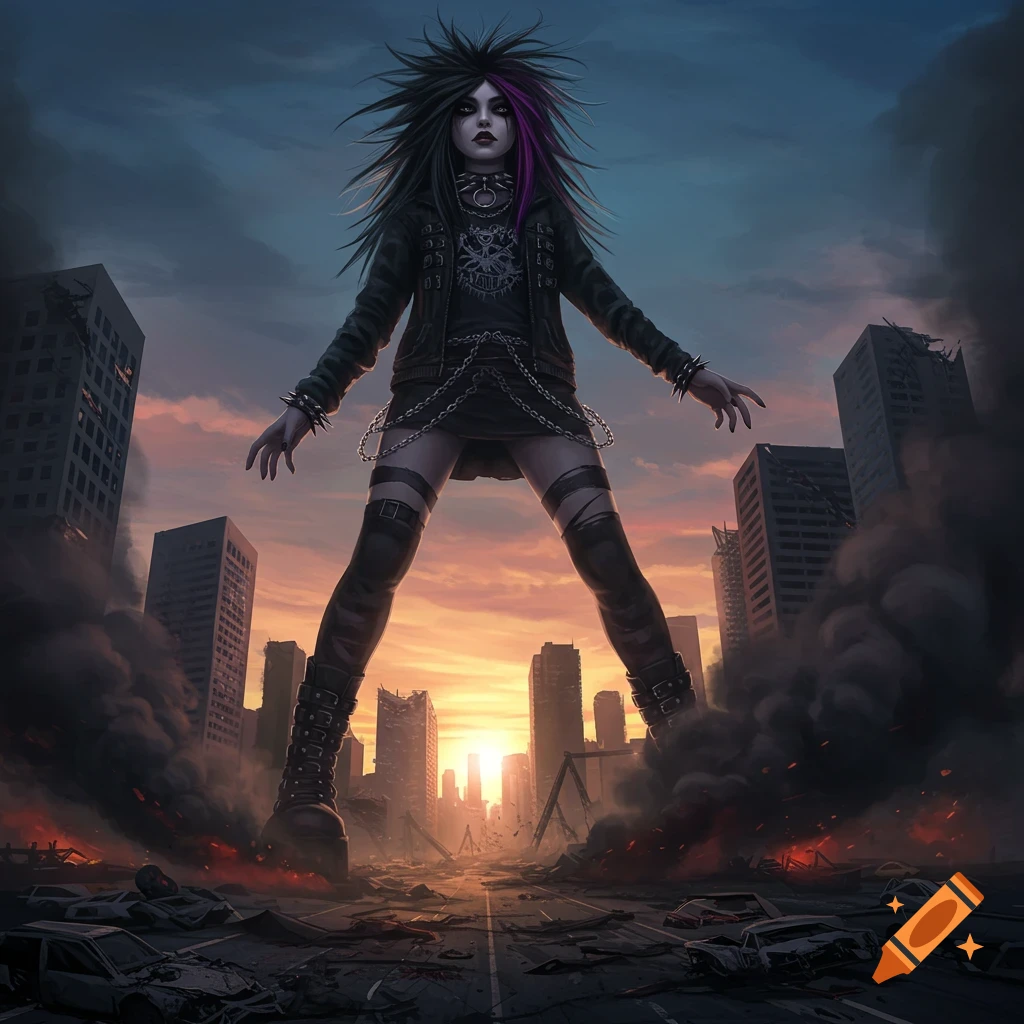 A giant emo girl with spiked hair and dark clothing stands in a ruined city with smoke and fire under a sunset sky.