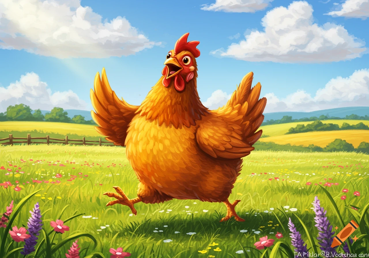 A plump, happy, cartoon chicken runs through a sunny green meadow with colorful wildflowers under a blue sky.