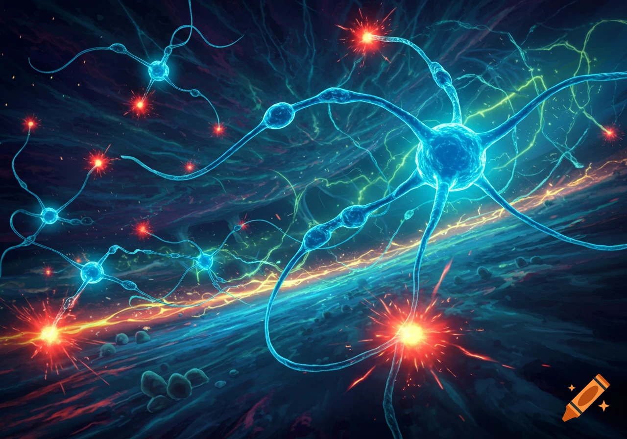 Vibrant abstract digital art showing glowing blue neuron-like structures with red sparks and energetic light streaks.