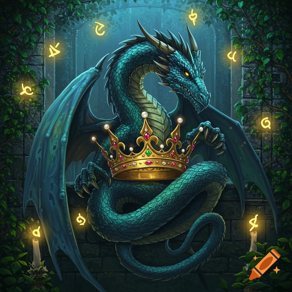 A majestic teal dragon with glowing yellow eyes holds a golden jeweled crown against an ivy-covered stone wall with glowing runes.