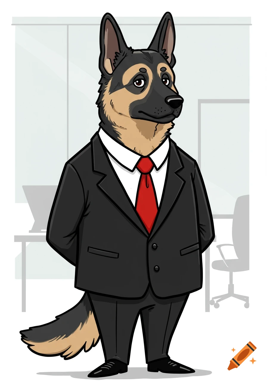 Cartoon German Shepherd dog wearing a black suit and red tie, standing in an office.