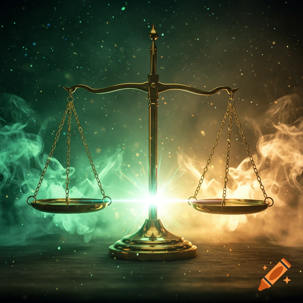 A golden balance scale glows brightly at its center, surrounded by ethereal green and orange smoke and sparkling particles against a dark, mystical background.