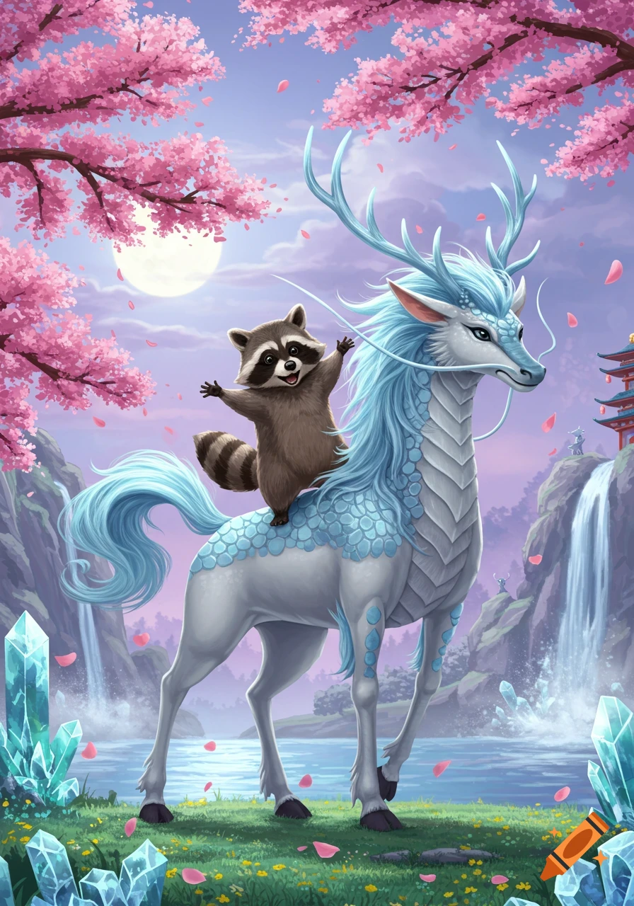 A cute raccoon rides a majestic white and blue mythical creature in a magical cherry blossom landscape with waterfalls and crystals, digital art.
