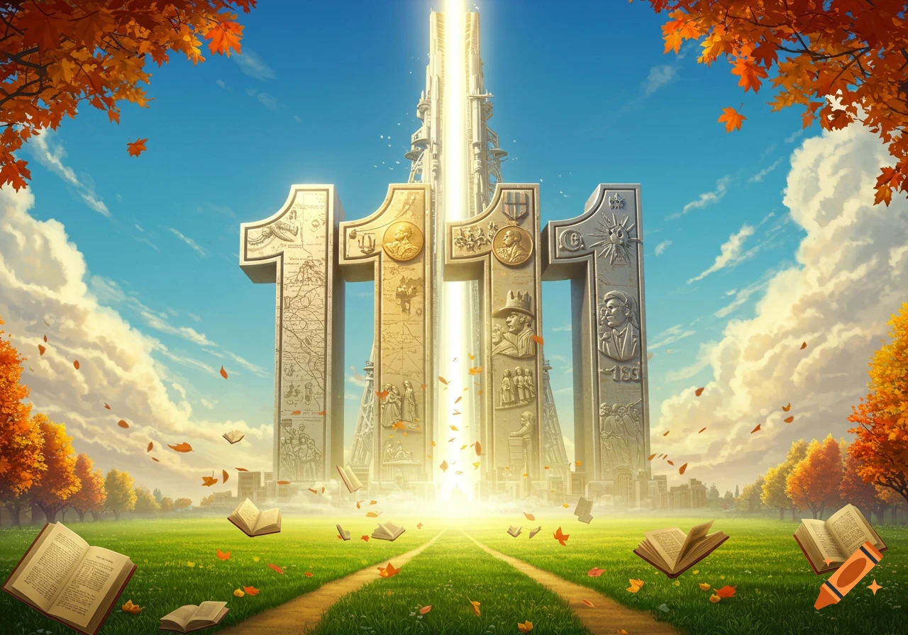 Four large stone '1's stand in a vibrant green field under a blue sky, with autumn trees and falling leaves, and several open books floating around. The '1's are engraved with historical reliefs and some legible dates, while the books contain illegible text. A bright light emanates from the center.
