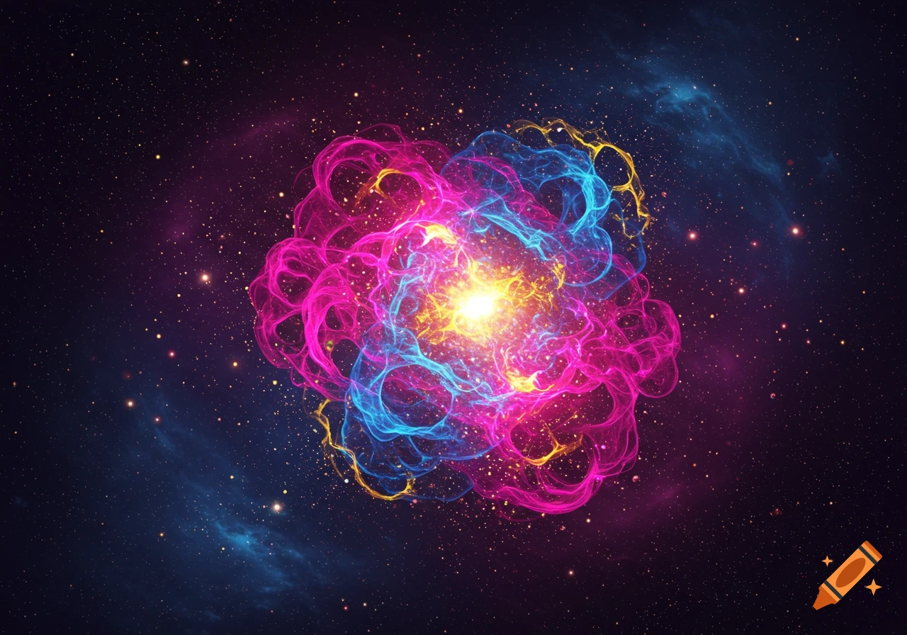 A vibrant cosmic explosion with glowing pink, blue, and yellow gas amidst a starry dark space.
