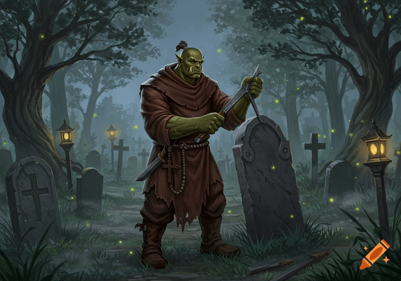 An orc monk in a brown robe sharpens a blade on a tombstone in a misty, firefly-lit graveyard, digital art.