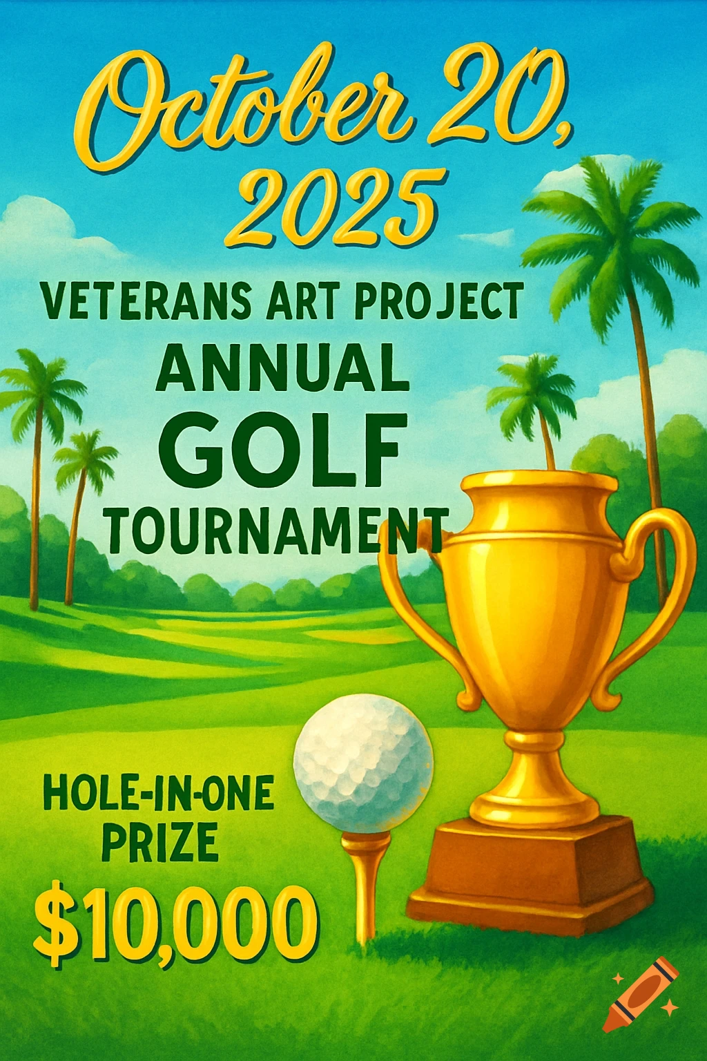Colorful poster for the Veterans Art Project Annual Golf Tournament on October 20, 2025, with a golf course, palm trees, golden trophy, golf ball, and $10,000 hole-in-one prize.