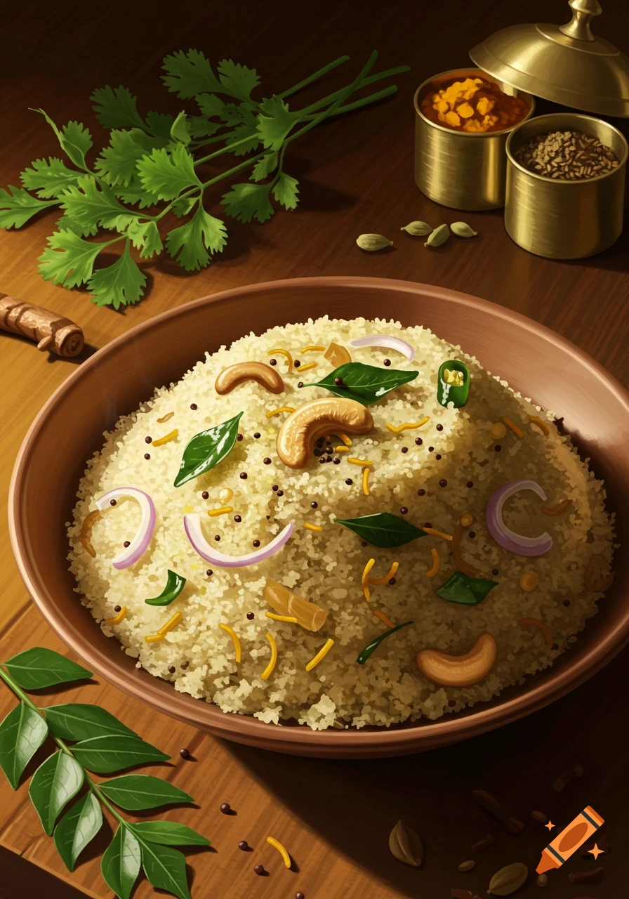 Illustrative close-up of a bowl of Upma with cashews, curry leaves, and onion, surrounded by spices and cilantro on a wooden table.