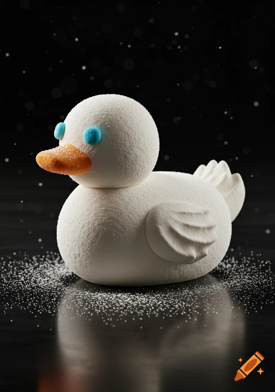 A white marshmallow duck with blue eyes and an orange beak, covered in powdered sugar on a dark, reflective surface.