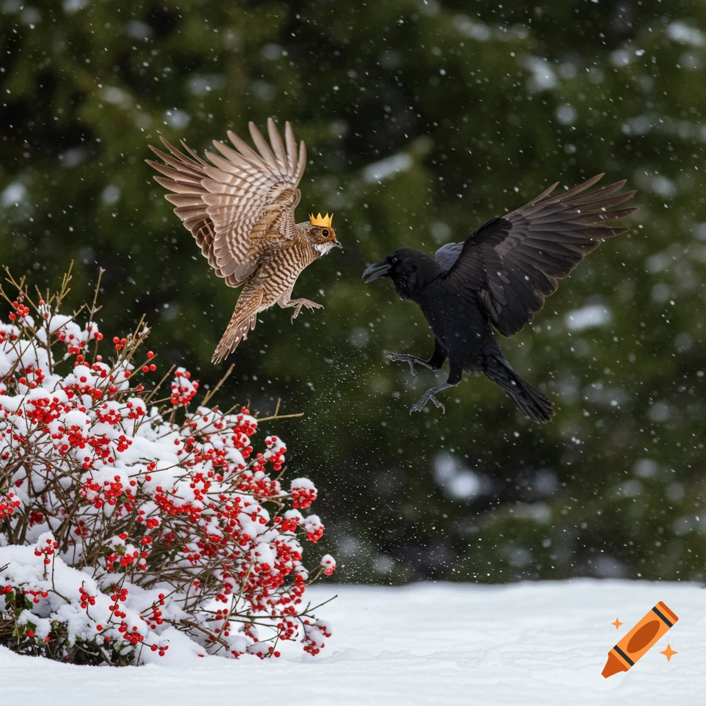 A crowned whippoorwill and a raven in mid-air above a snowy berry bush, during a winter snowfall.