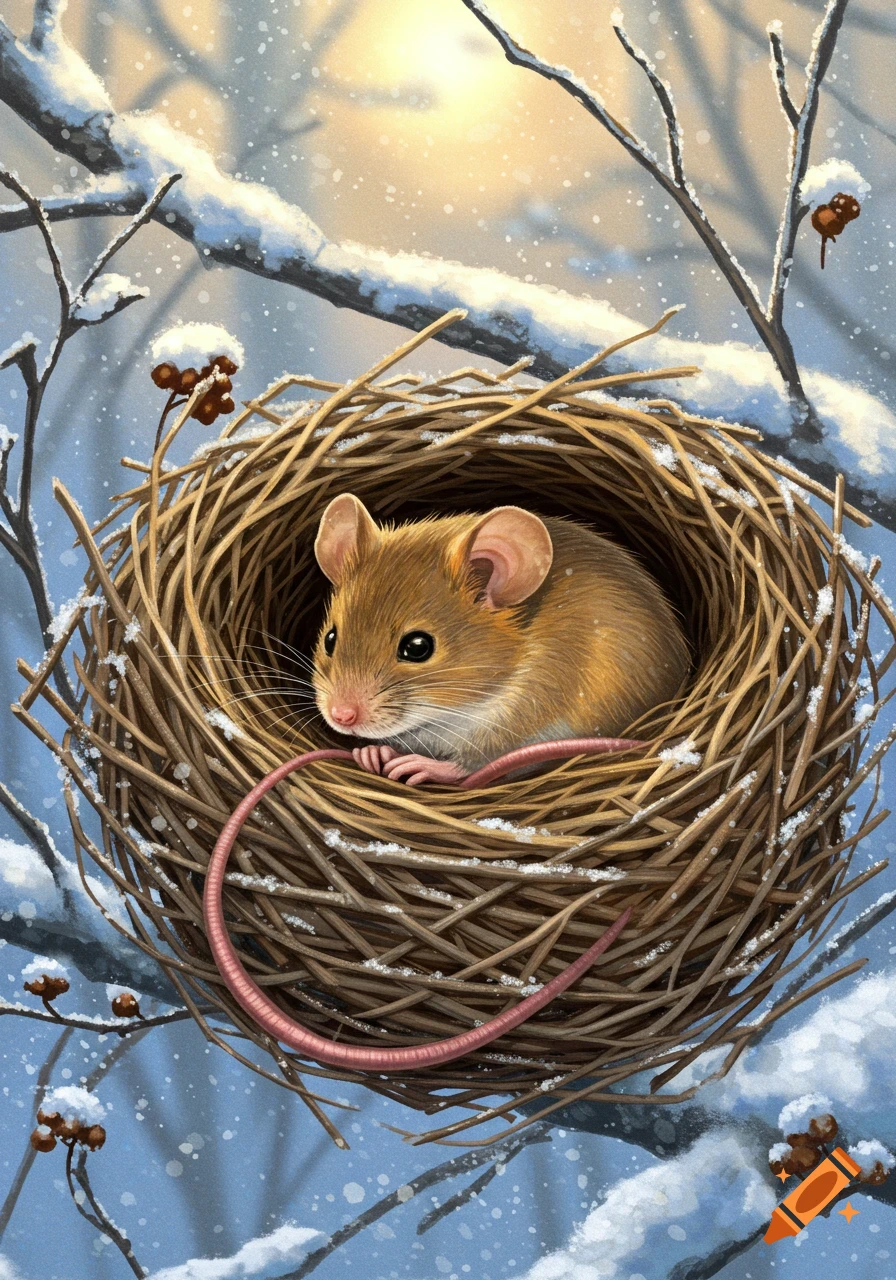 A cute brown mouse curled up in a twig nest on a snow-covered branch during winter, digital painting.