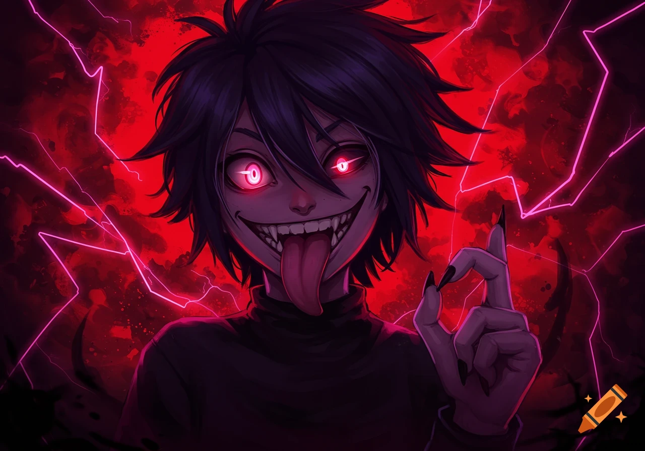 An anime character with glowing red eyes, sharp fangs, and a long tongue sticking out, against a dark red background with pink lightning.