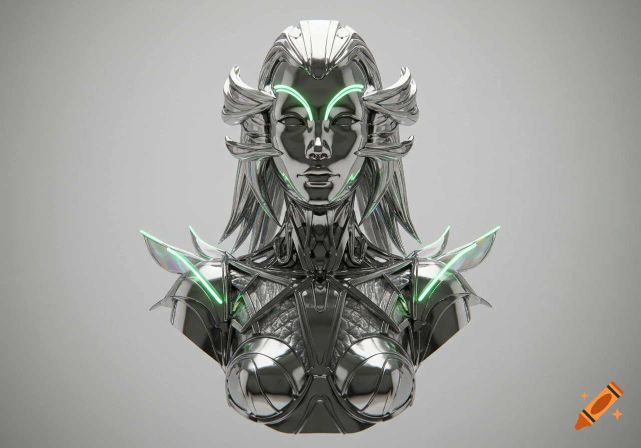 A futuristic metallic female bust with flowing hair-like elements, glowing green accents, and intricate armor details.