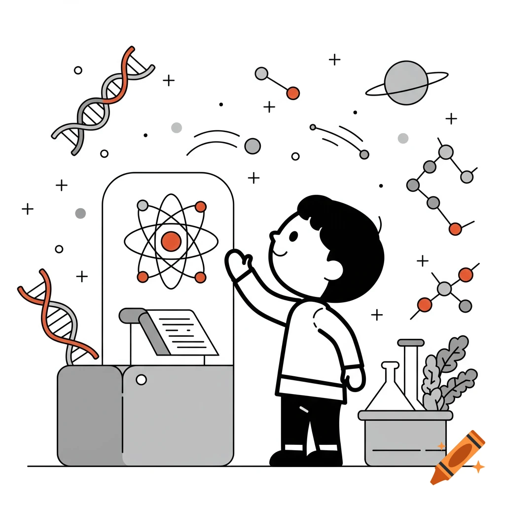A cartoon boy in a lab coat looks at a science display with an atom model, surrounded by floating DNA, molecules, and a planet. Pictogram style.