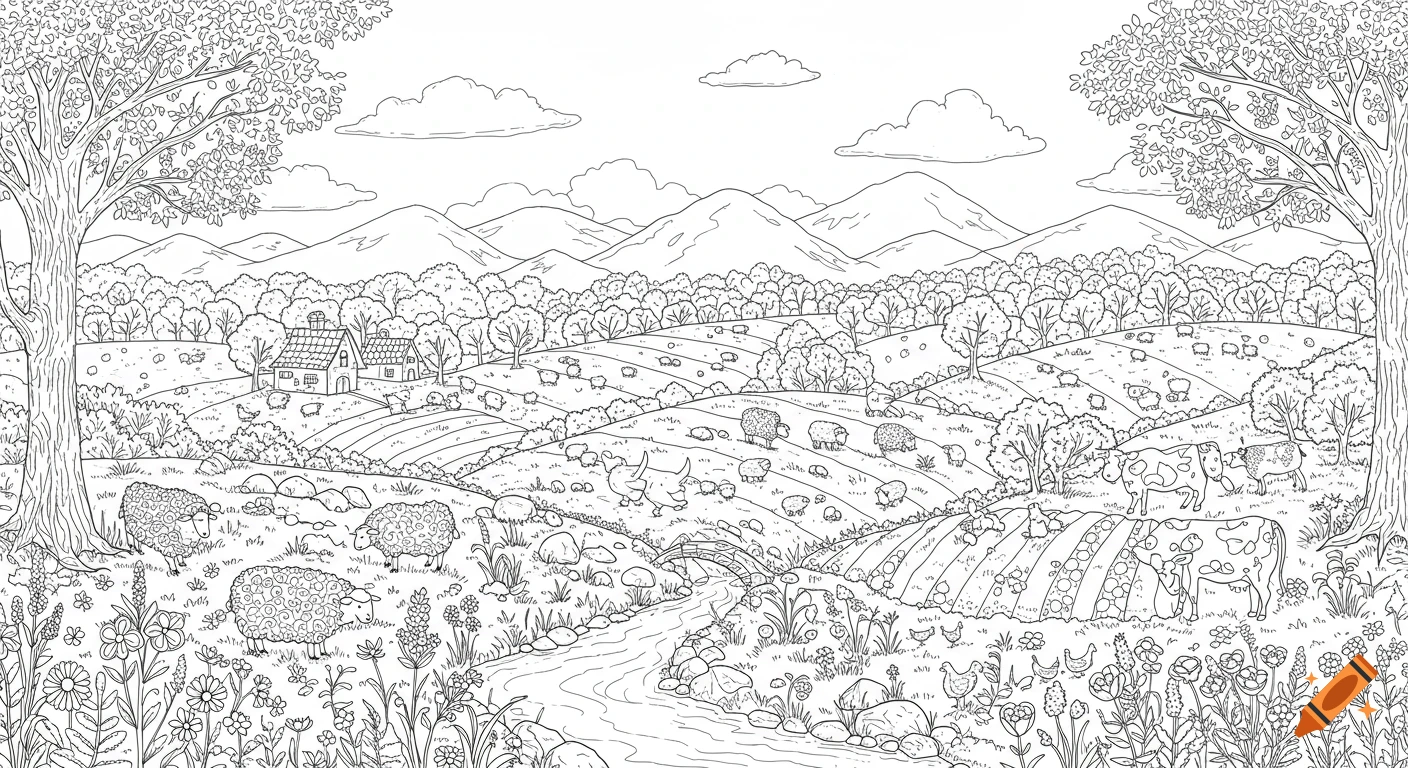 Black and white line art coloring page of a detailed farm landscape with hills, houses, river, bridge, trees, sheep, cows, and chickens.