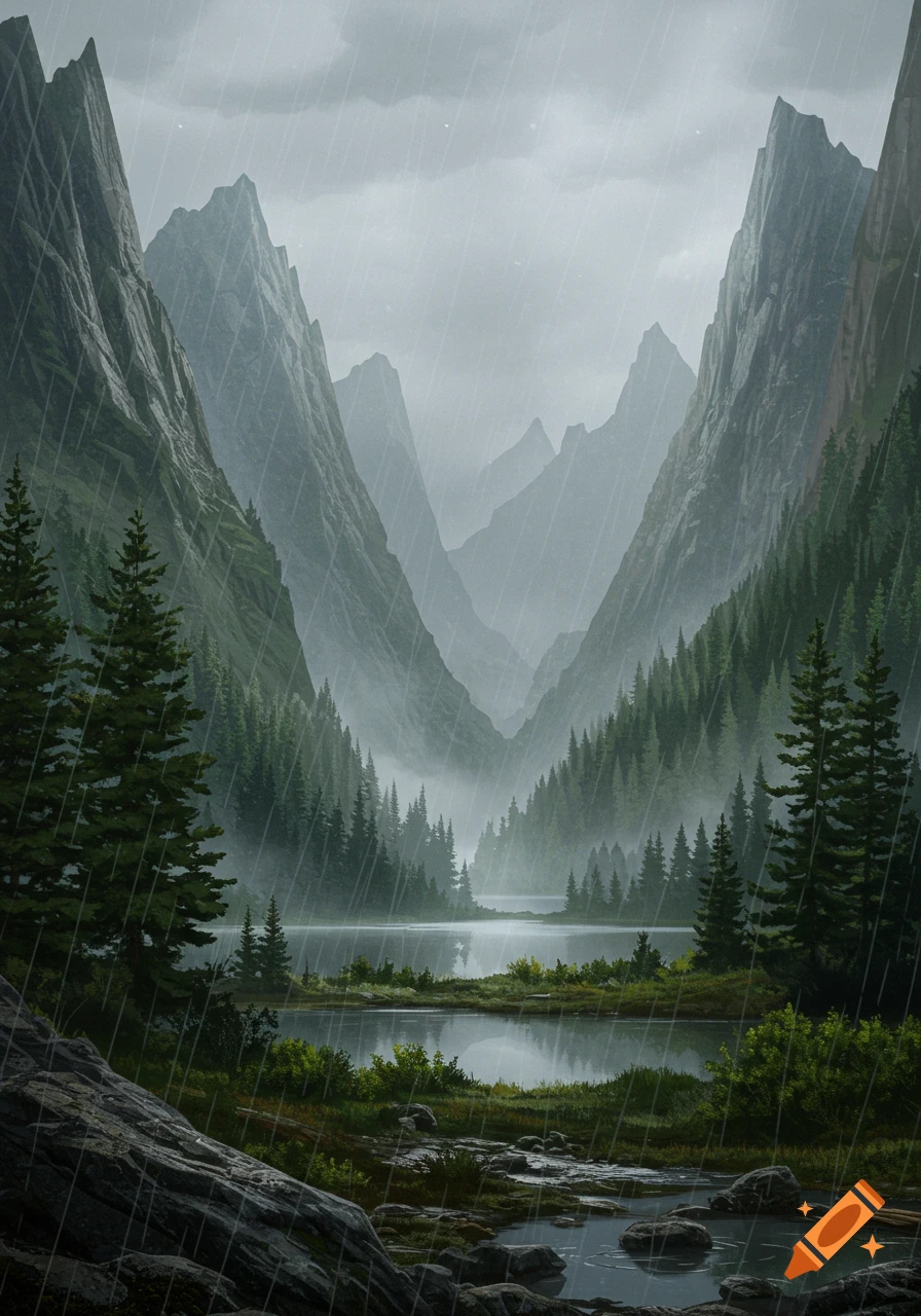 A misty, rainy mountain landscape with a serene lake reflecting the surrounding pine-covered slopes under a cloudy sky.