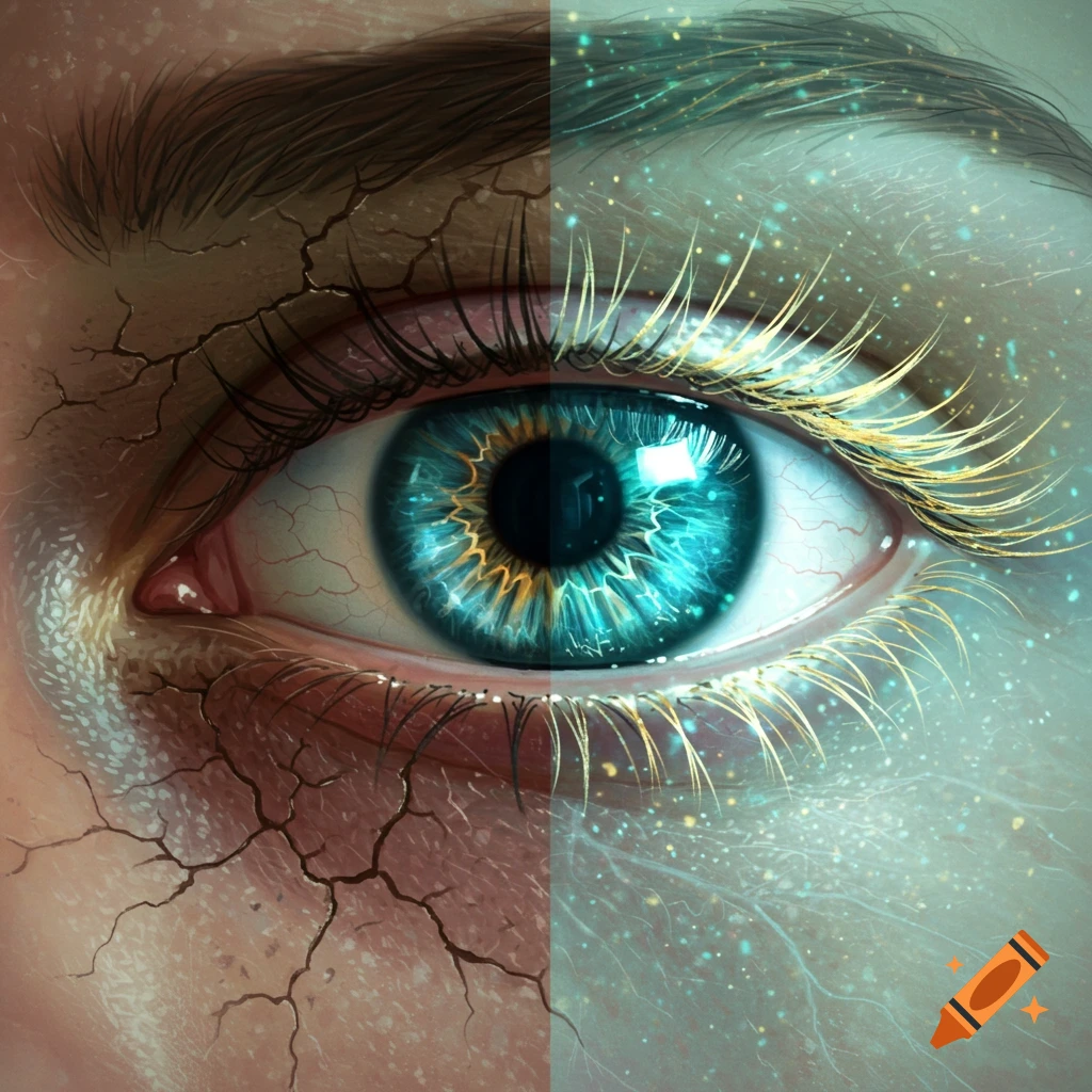 A close-up of a human eye split down the middle, showing a dry, cracked left side and a smooth, sparkling right side with glowing eyelashes.