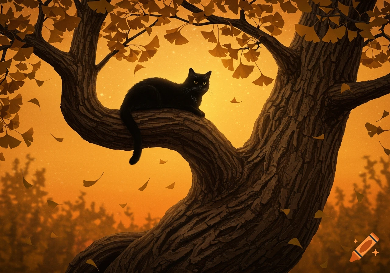 A black cat sits on a branch in a ginkgo tree with yellow autumn leaves against a glowing orange sky.