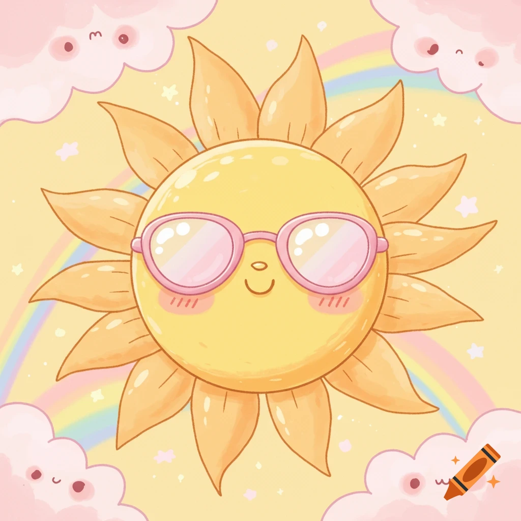 A cute kawaii sun character wearing pink sunglasses, surrounded by pink clouds, a pastel rainbow, and small yellow stars.