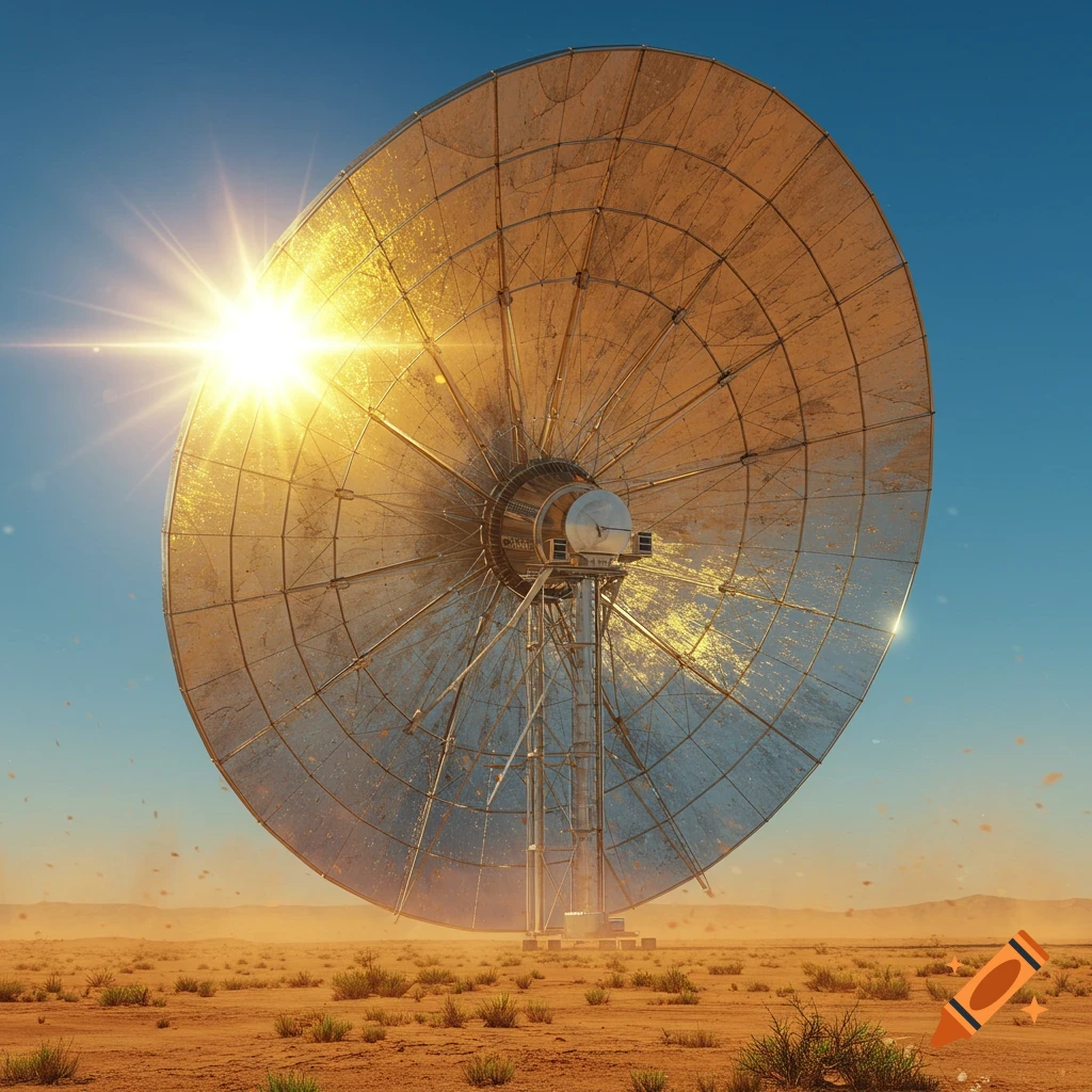 A large, weathered parabolic solar collector gleams under a bright sun in a vast, arid desert landscape, photorealistic style.