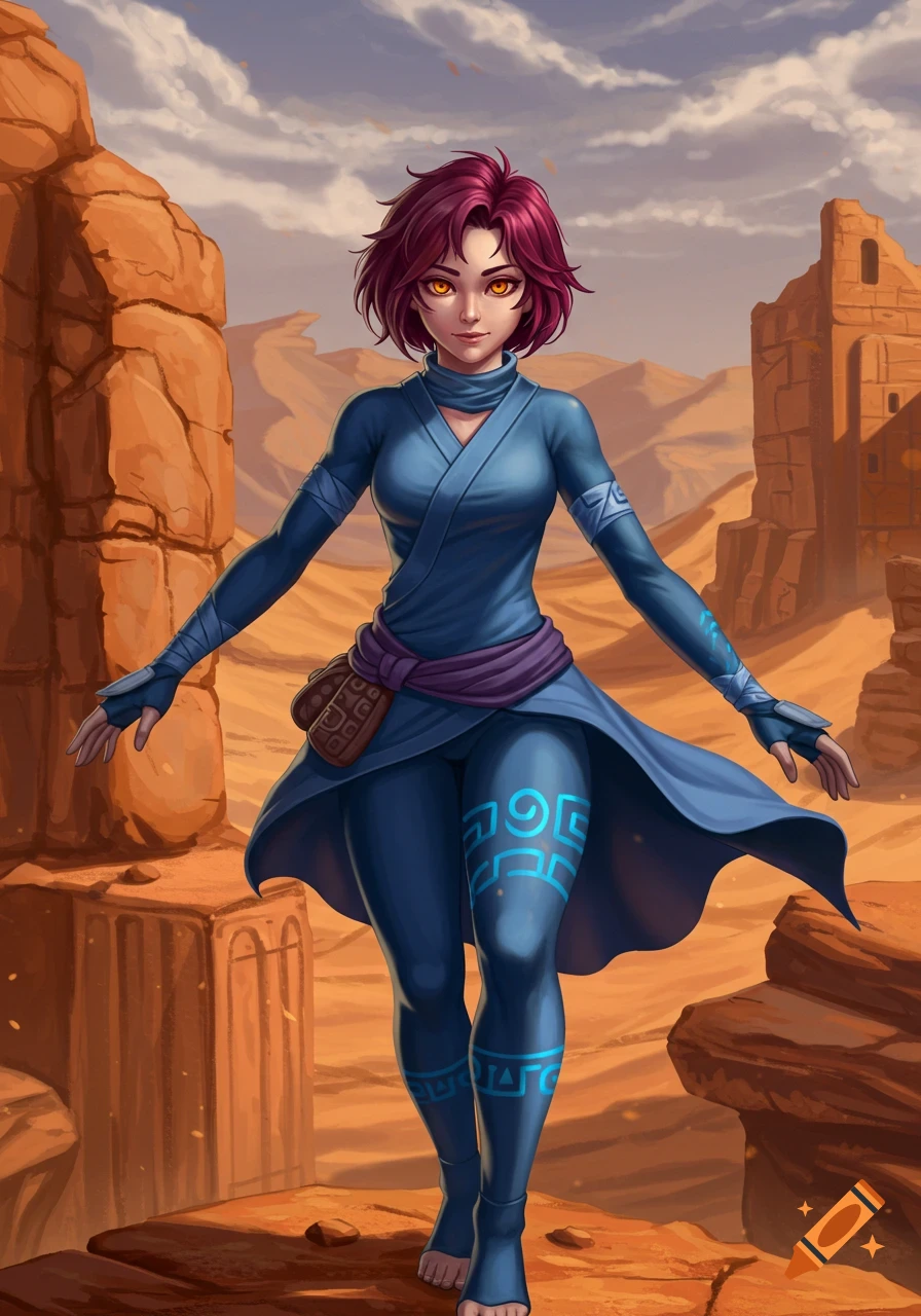 A beautiful female warrior with short red hair and orange eyes, wearing a blue Sheikah-inspired suit with glowing runes, stands in a desert ruin. Digital painting.