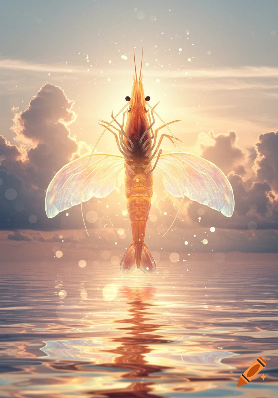 A glowing, winged shrimp hovers above reflective water at sunset, with a dramatic sky and clouds in the background.