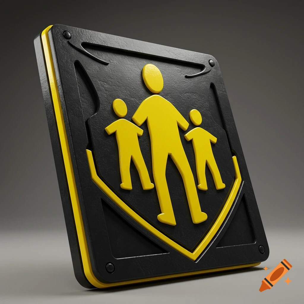 A black and yellow 3D render of the Hostages symbol, depicting three stylized figures (one adult, two children) within a shield, leaning on its side.