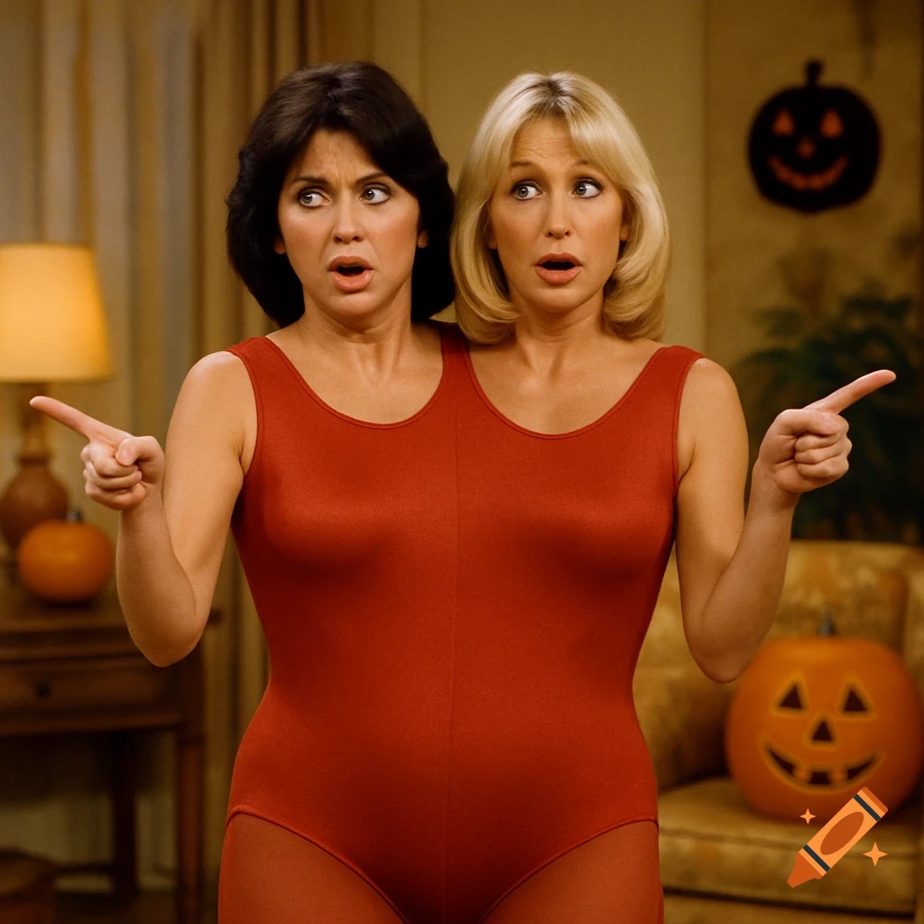 Two surprised women in a red conjoined leotard costume point in opposite directions, creating a two-headed illusion, with Halloween decor.