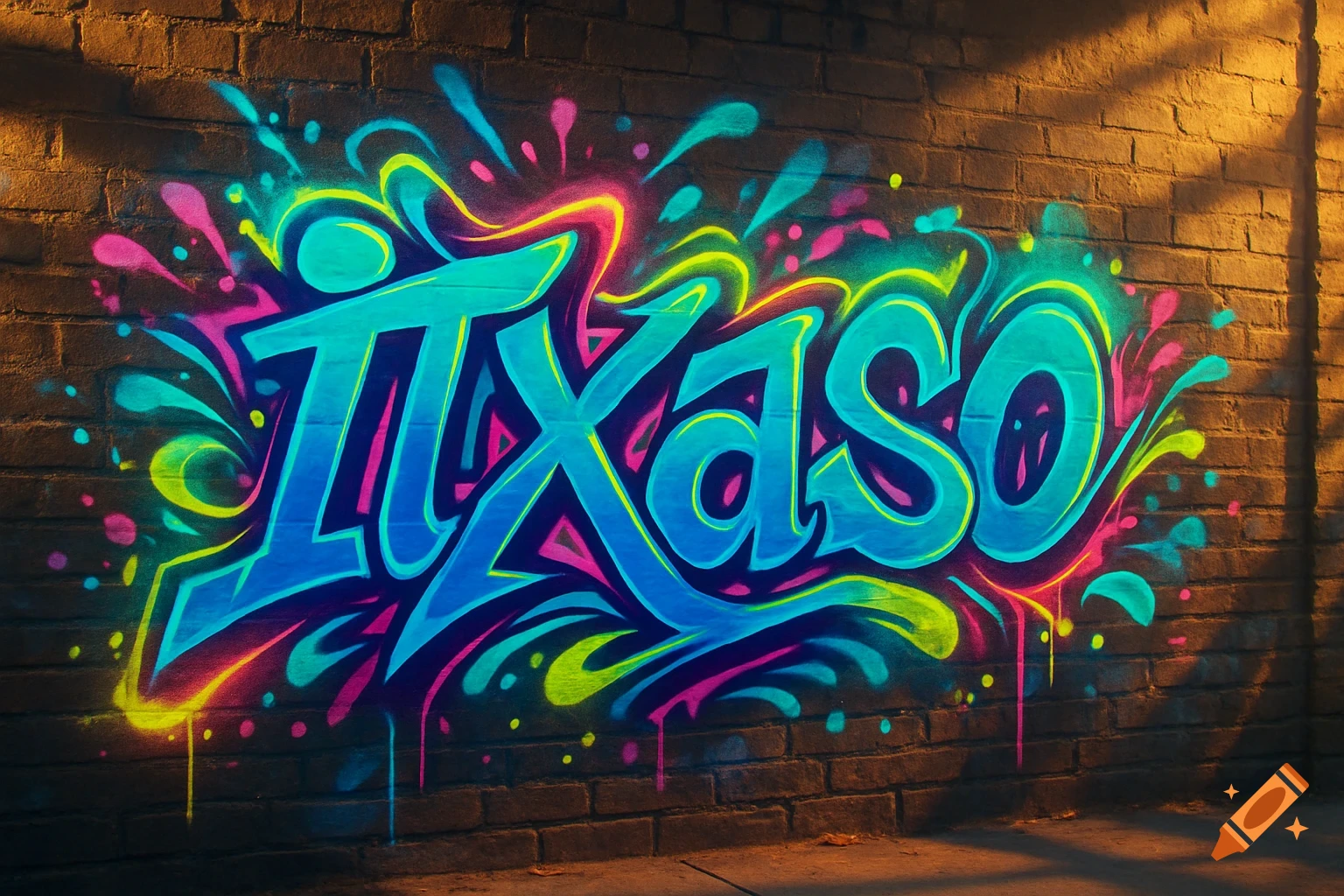 Vibrant neon graffiti art spelling 'ITXaso' on a dark brick wall at night, with splashes of pink, blue, and yellow.