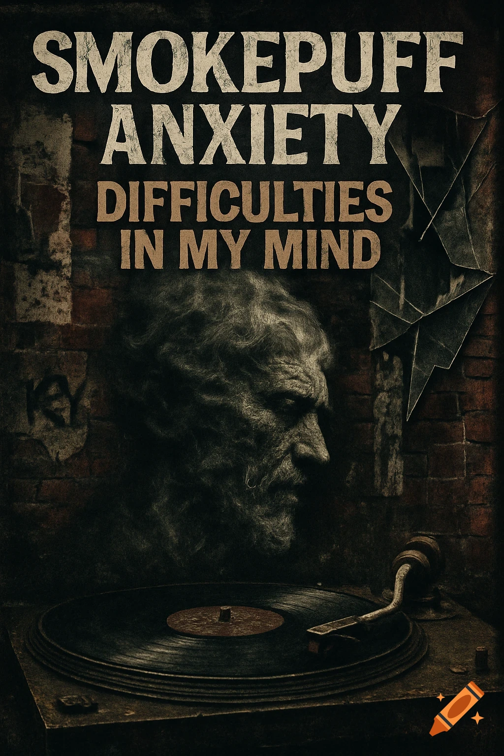 Dark, grungy album cover with text 'SMOKEPUFF ANXIETY DIFFICULTIES IN MY MIND', a textured face, and a record player.