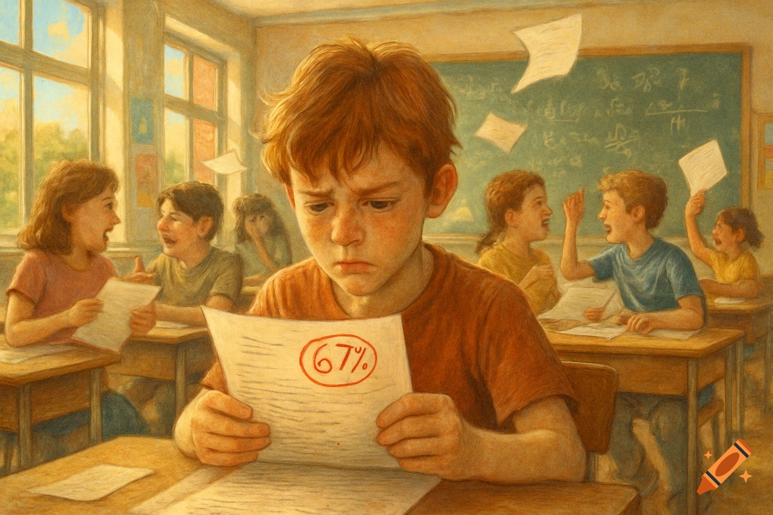 A red-haired boy with a sad expression looks at a test paper showing "67%" in a sunny, painterly classroom. Other students are in the background.