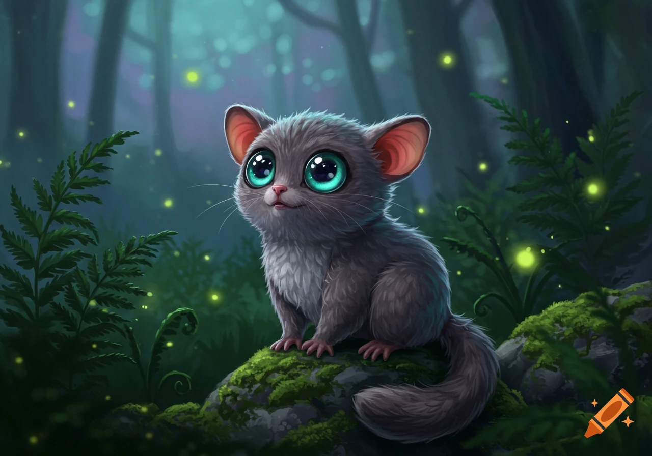 A small, fluffy gray creature with huge teal eyes sits on a mossy rock in a magical forest with glowing fireflies, cartoon illustration.