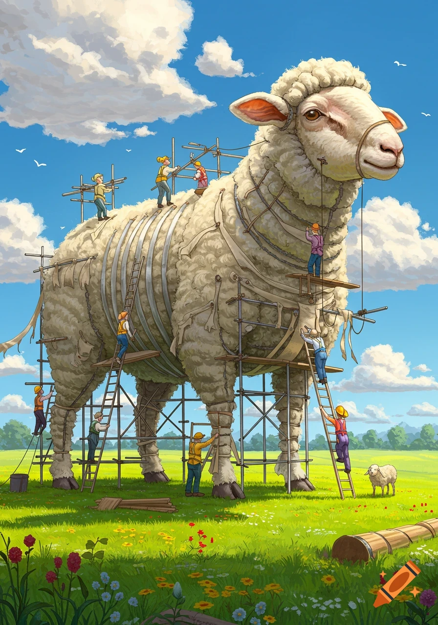 Small workers on scaffolding construct a colossal sheep in a green field under a blue sky, with a normal-sized sheep nearby in this whimsical illustration.