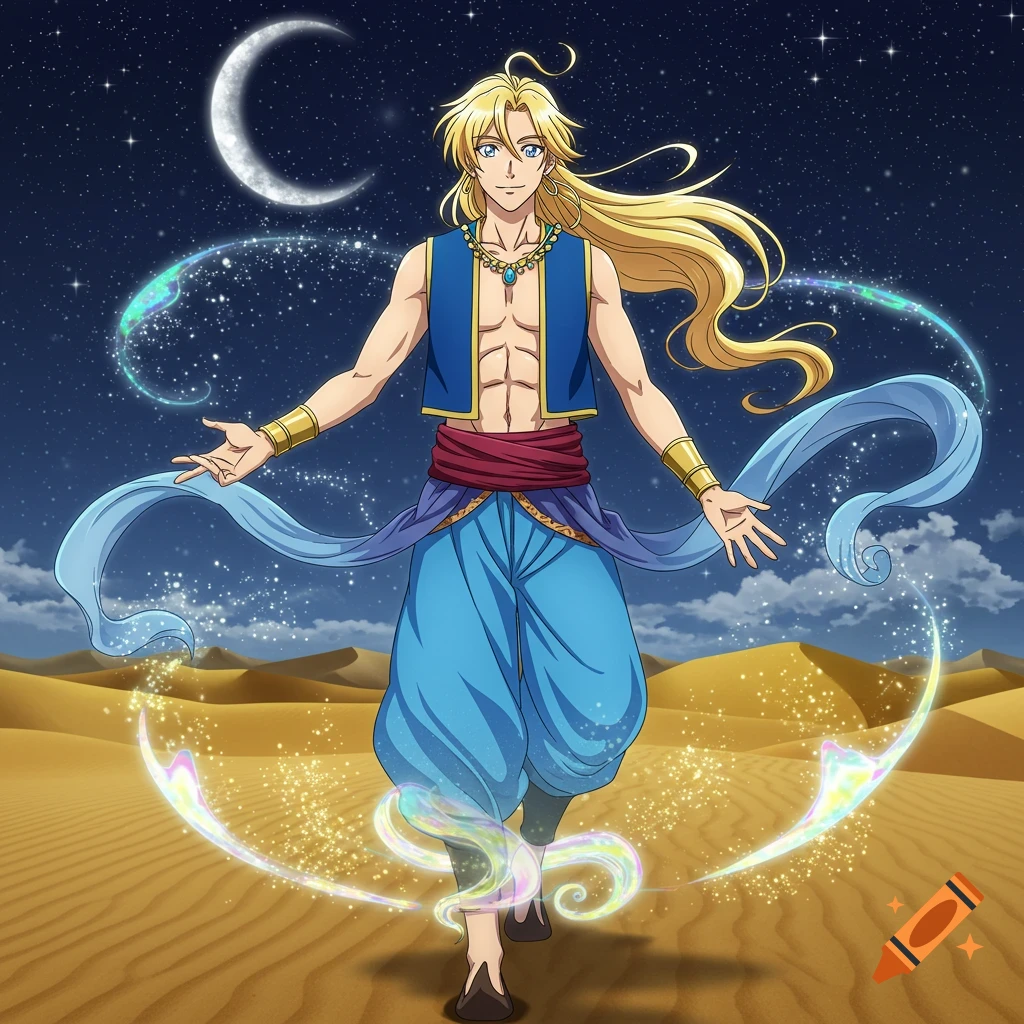 An anime male genie with blond hair in a blue vest and sash stands in a desert at night, surrounded by magic sparkles.