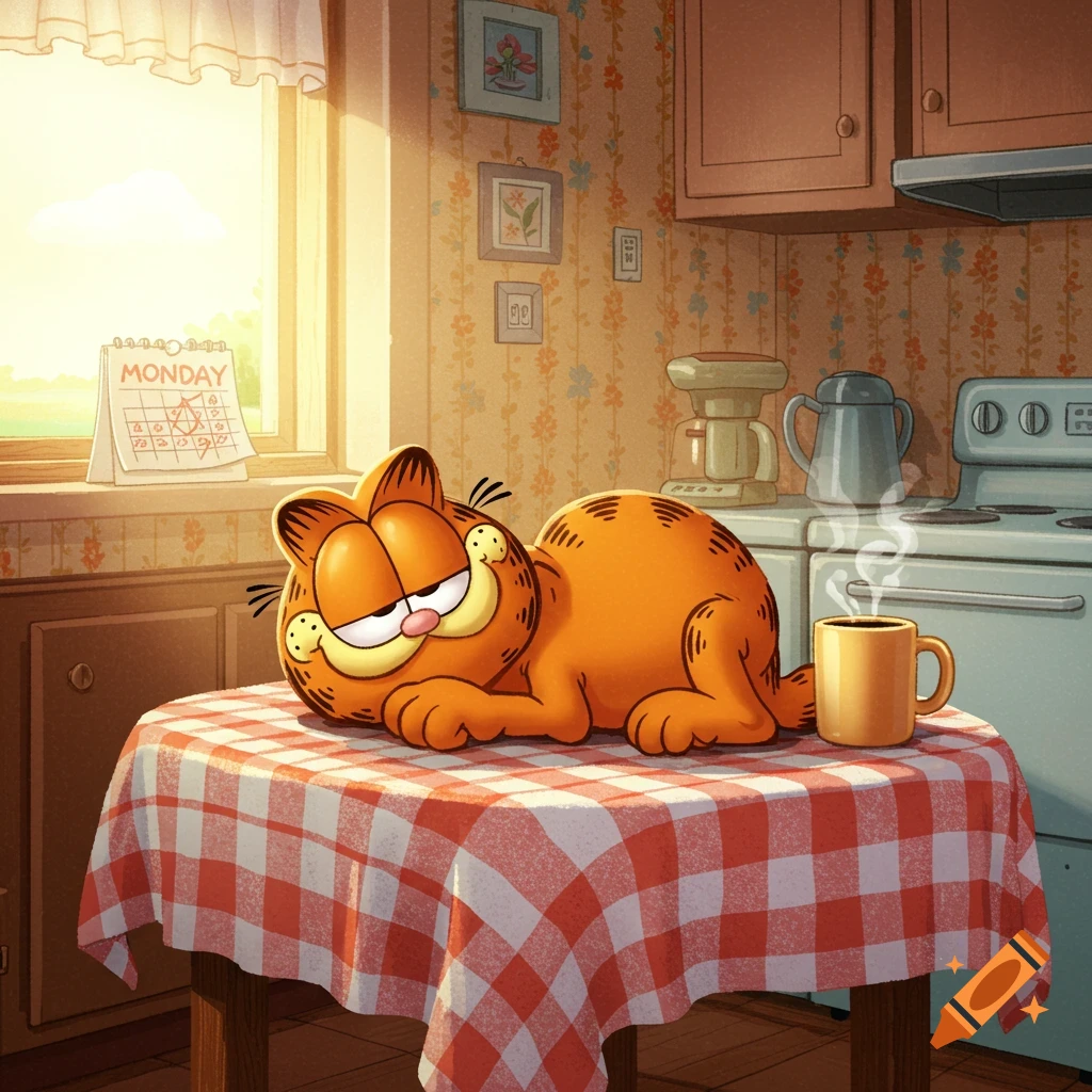 Garfield, an orange cartoon cat, lounges on a checkered table in a sunlit kitchen with a steaming mug and a calendar showing MONDAY.