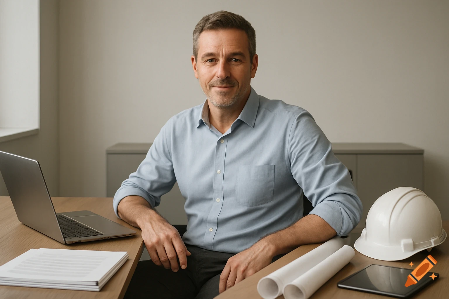 Professional middle-aged man sits at an office desk with laptop, hard hat, and blueprints. Photorealistic.