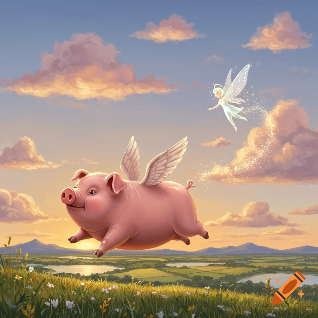 A whimsical illustration of a pink flying pig chasing a fairy leaving a trail of sparkles over a lush green landscape at sunset.