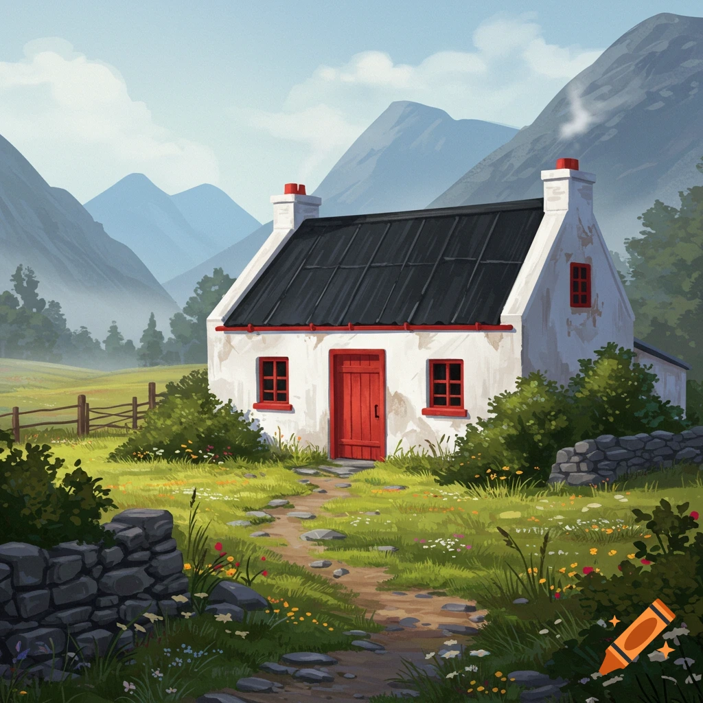 An illustration of a whitewashed cottage with a red door and windows, a black roof, and smoke from the chimney, set in a green, mountainous landscape.