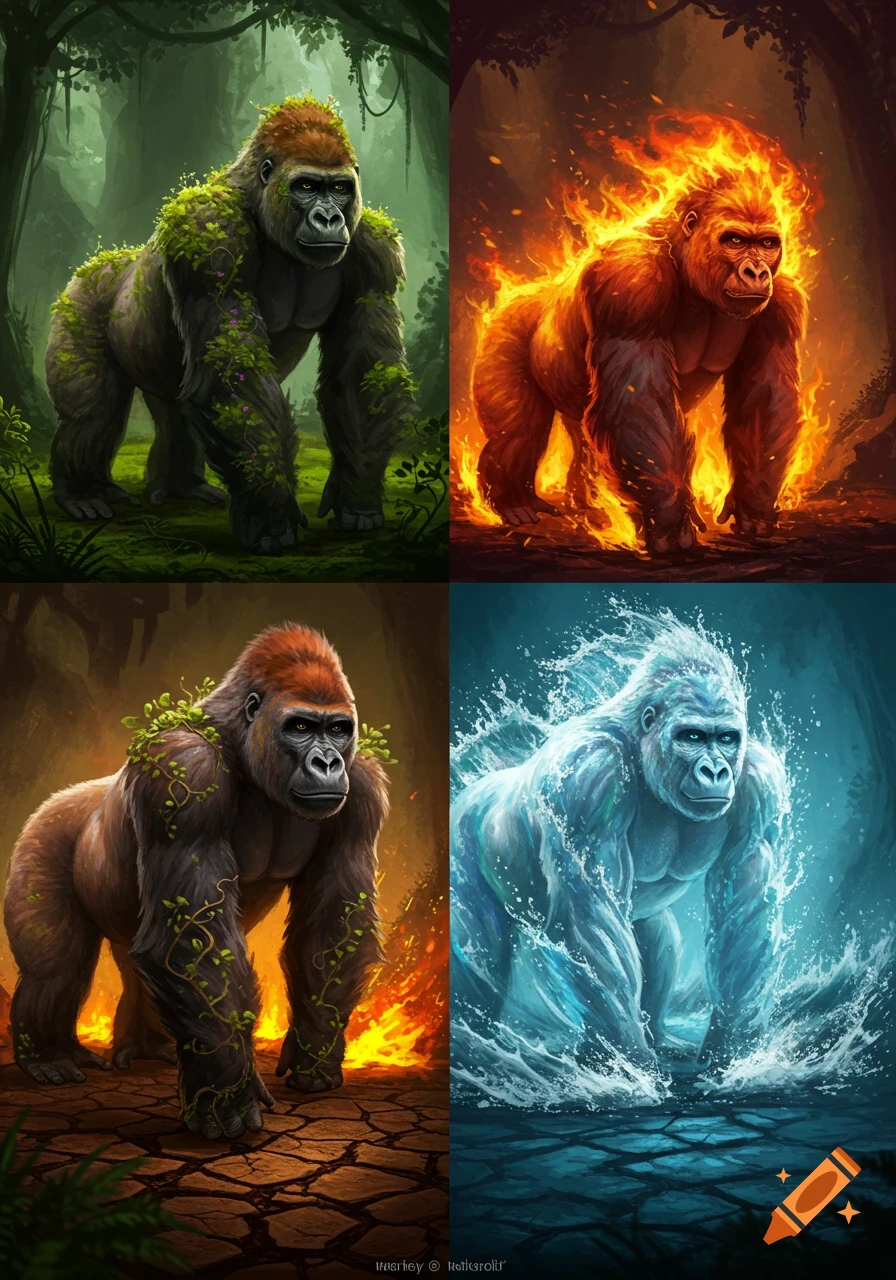 Four elemental gorillas in a quad panel: mossy, fiery, earthy with fire, and icy water gorillas in their respective environments.