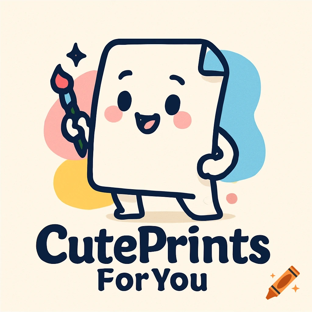 Cute logo of a smiling paper character holding a paintbrush, with 'CutePrints For You' text below, on a cream background with colorful shapes.