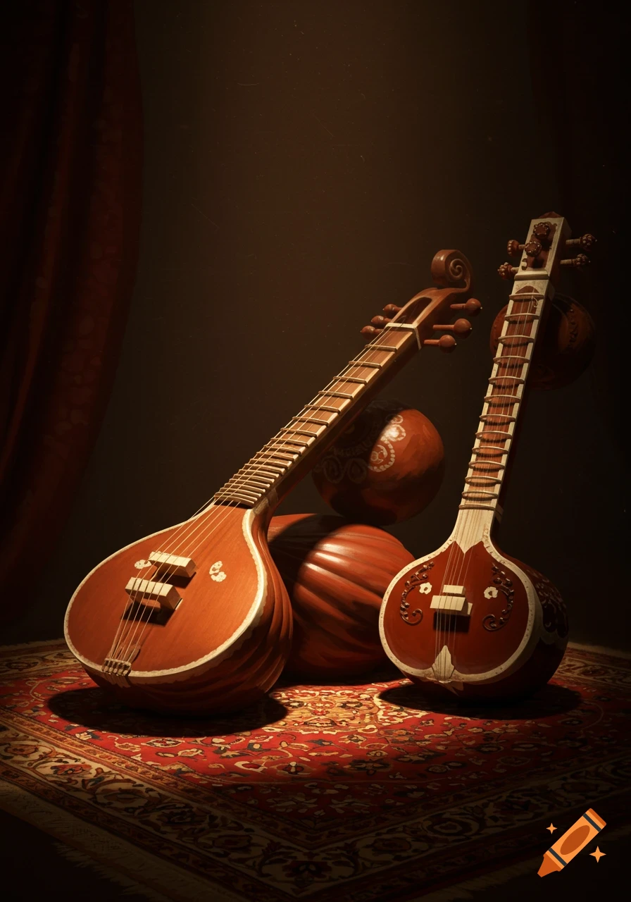 Two traditional Indian string instruments, a Saraswati veena and a sitar, rest on an ornate red and gold rug in dramatic lighting.