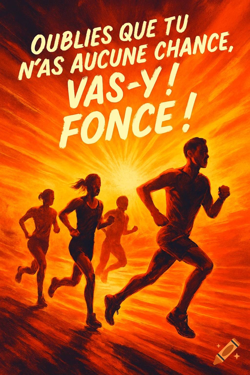 Stylized poster of four runners silhouetted against an orange and yellow sunburst, with motivational French text.