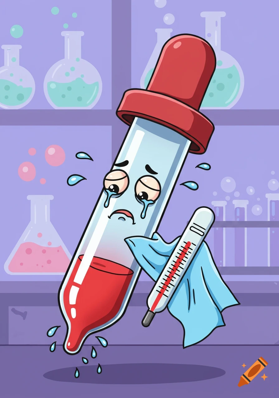 A crying cartoon pipette with red liquid inside holds a thermometer and a blue cloth in a science lab.