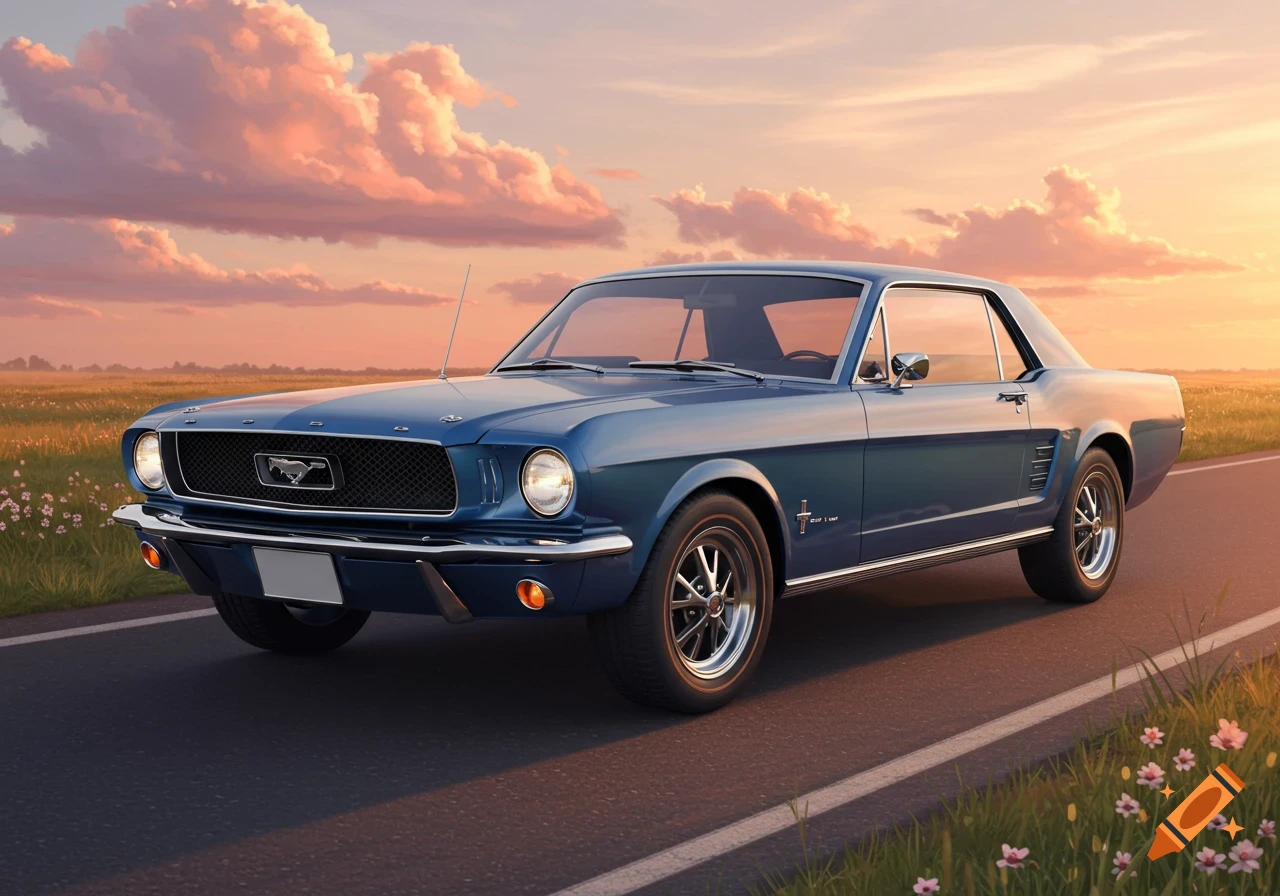A blue vintage Ford Mustang coupe drives on a road through a field at sunset.