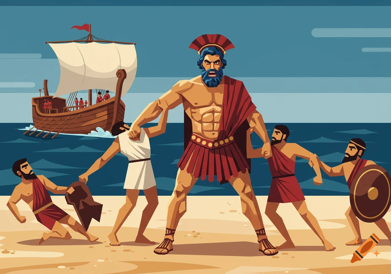 A giant, muscular Greek warrior drags smaller men on a beach towards a wooden ship in a stylized illustration.
