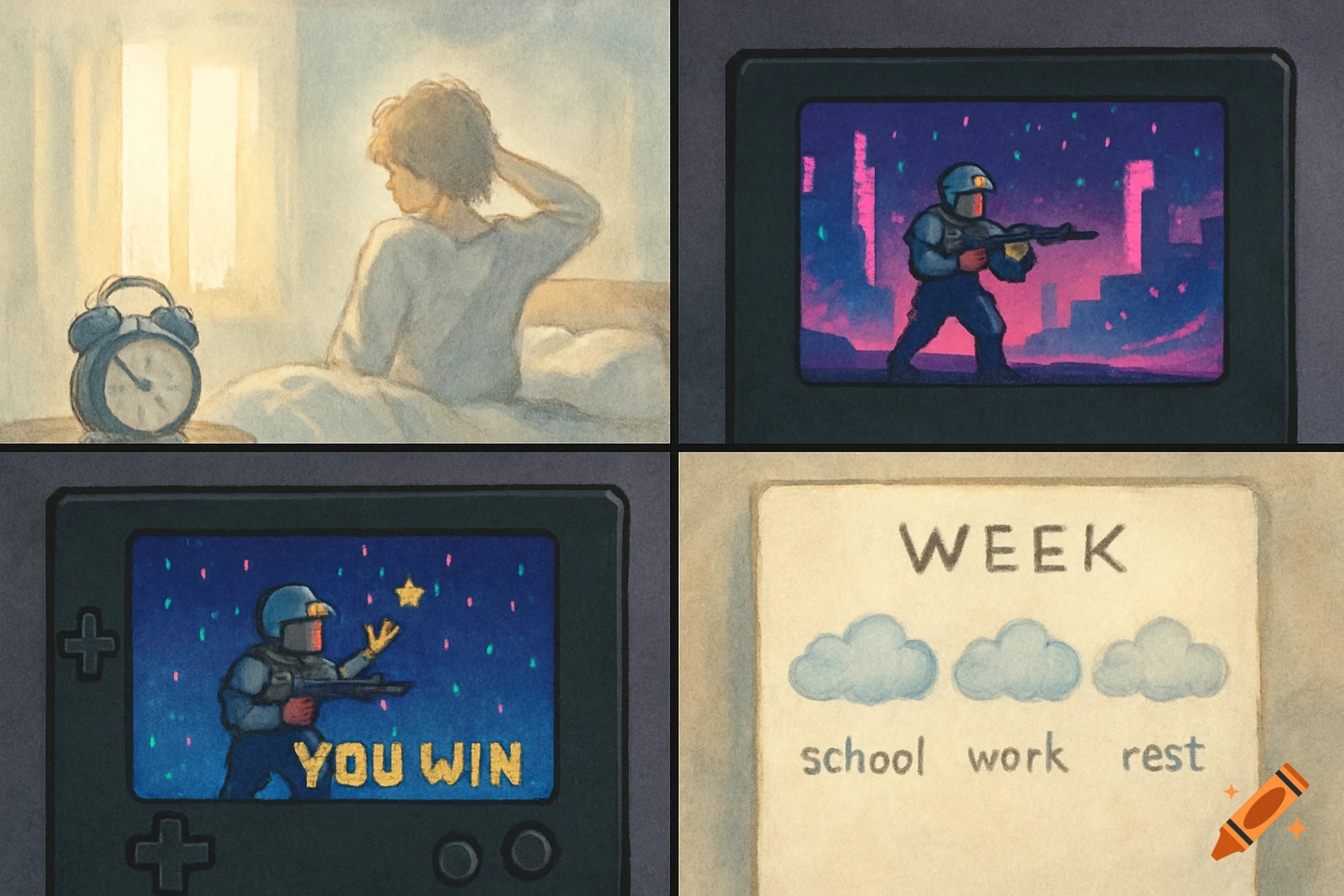 A four-panel illustration. Top-left: a person wakes up to an alarm clock. Top-right: a pixel art game screen with an armed character in a cityscape. Bottom-left: the same game screen with 'YOU WIN' and a star. Bottom-right: a calendar showing 'WEEK', 'school', 'work', 'rest' with clouds.