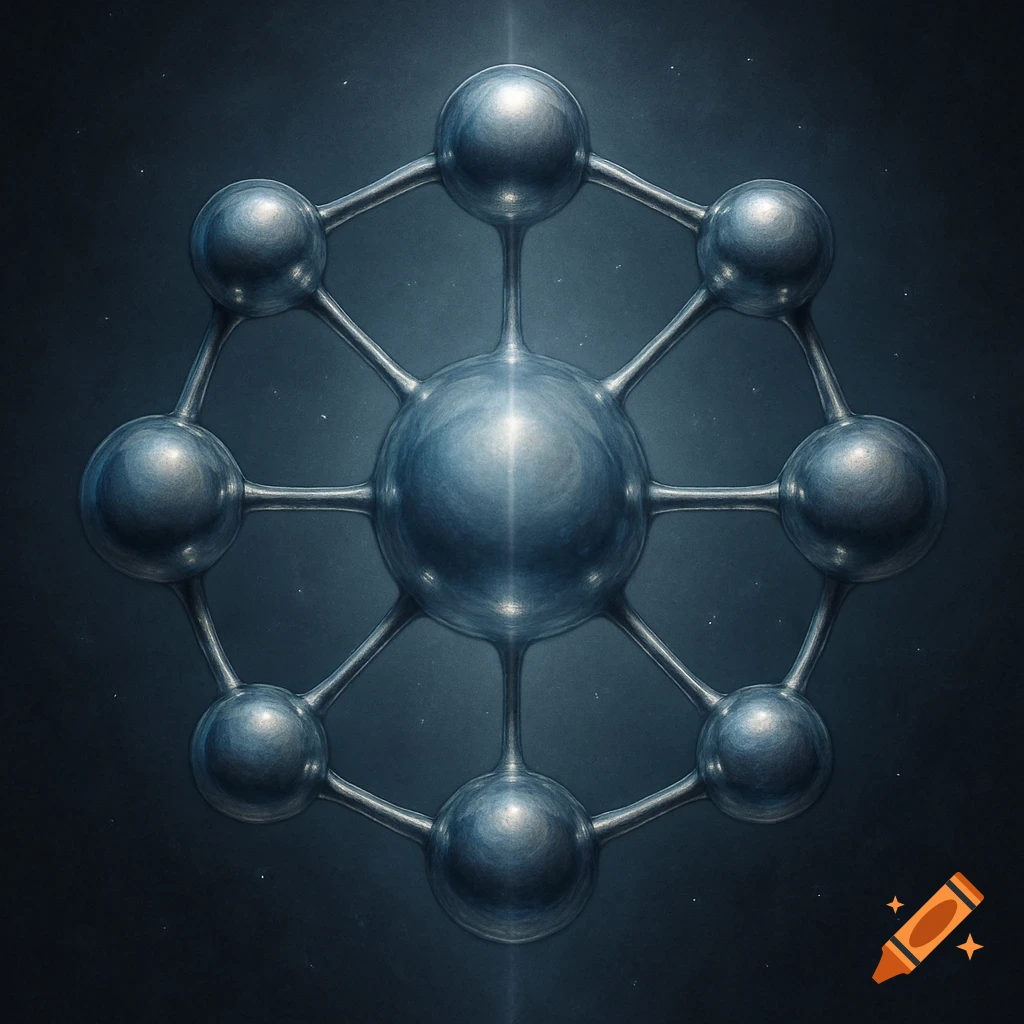 Abstract metallic molecular structure on a dark, subtle starry background.