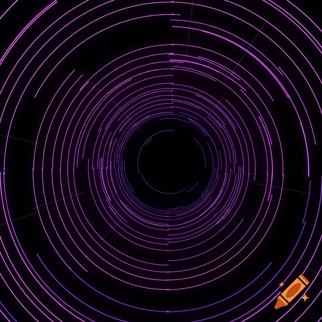 Abstract digital art of glowing purple concentric circles forming a tunnel on a black background.