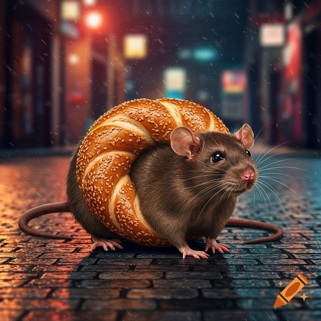 A photorealistic brown rat with a sesame bagel wrapped around its body stands on a wet cobblestone street at night in the rain.